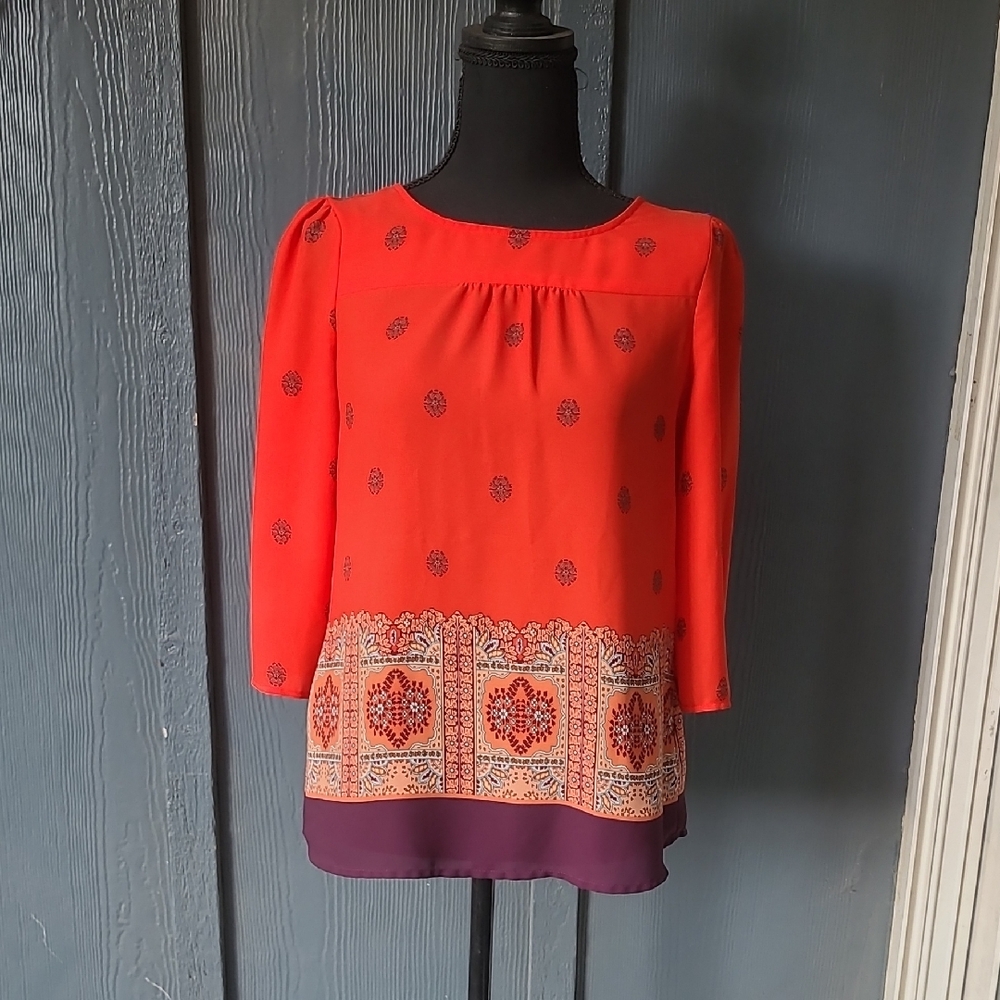 Maeve Anthropologie Red and Purple Patterned Blouse